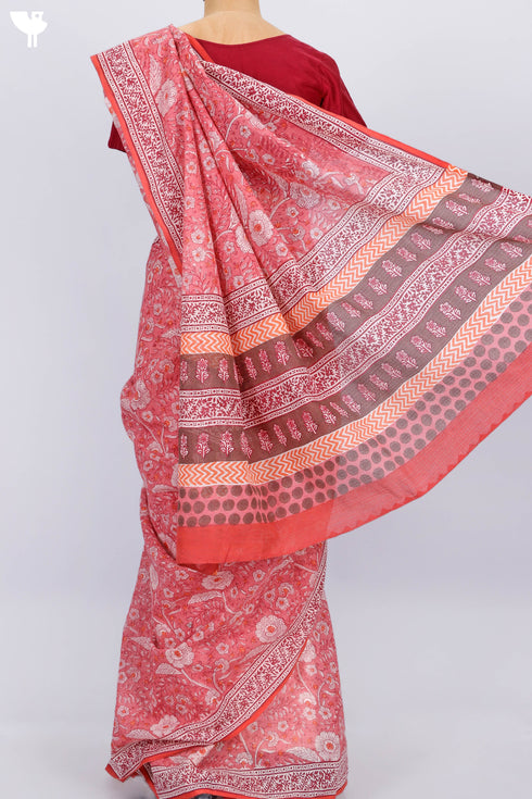 Kota Doria Saree In Floral Block Print